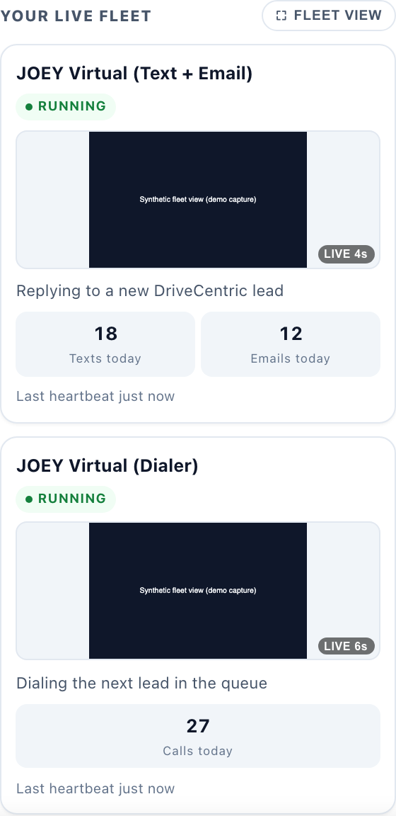 The Live Fleet View sidebar showing running daemons with live frames and fleet stats