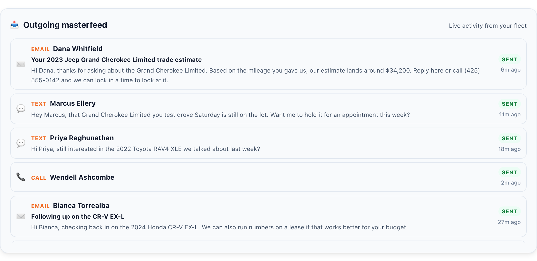 The Outgoing Master Feed showing two personalized, non-identical messages sent to different leads