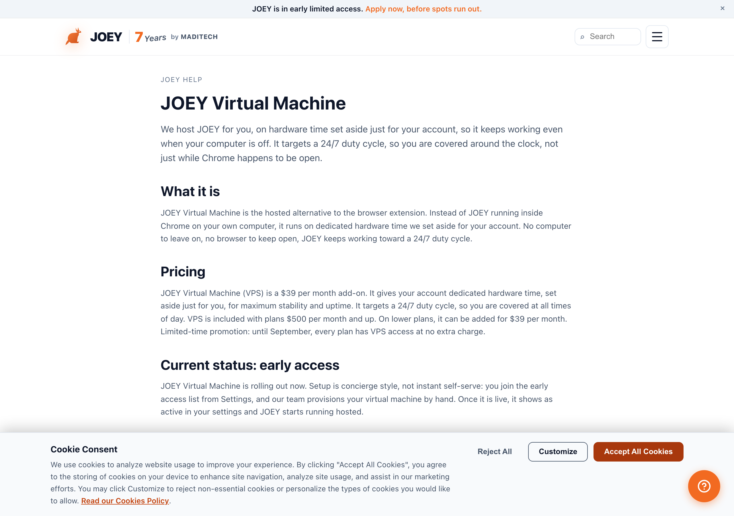 The JOEY Virtual Machine help page explaining hosted mode, pricing, and how to enable it