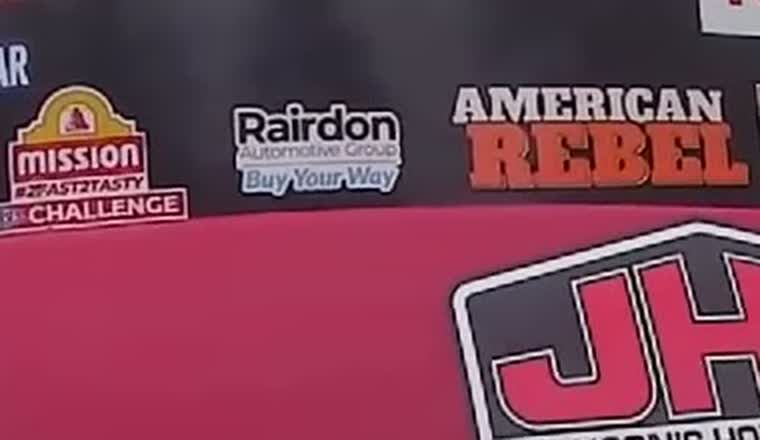 Close crop of the Rairdon decal on Matt Hagan's Funny Car side panel