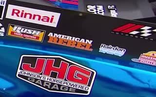 Close crop of the Rairdon decal beside American Rebel on Hagan's Funny Car