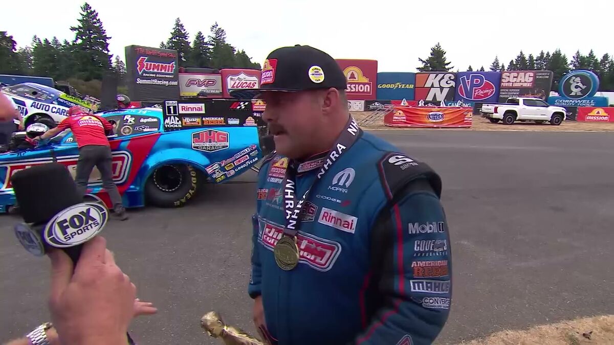 NHRA highlights frame of Matt Hagan's FOX interview with the trophy