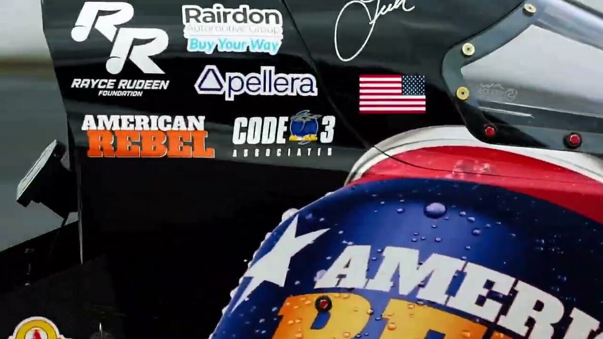 Close frame of the Rairdon decal on Leah Pruett's dragster cowl